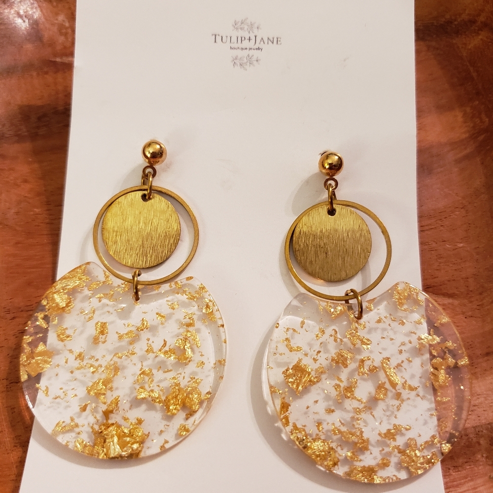 NEW Handmade Resin Gold Flakes Mod Gold Earrings